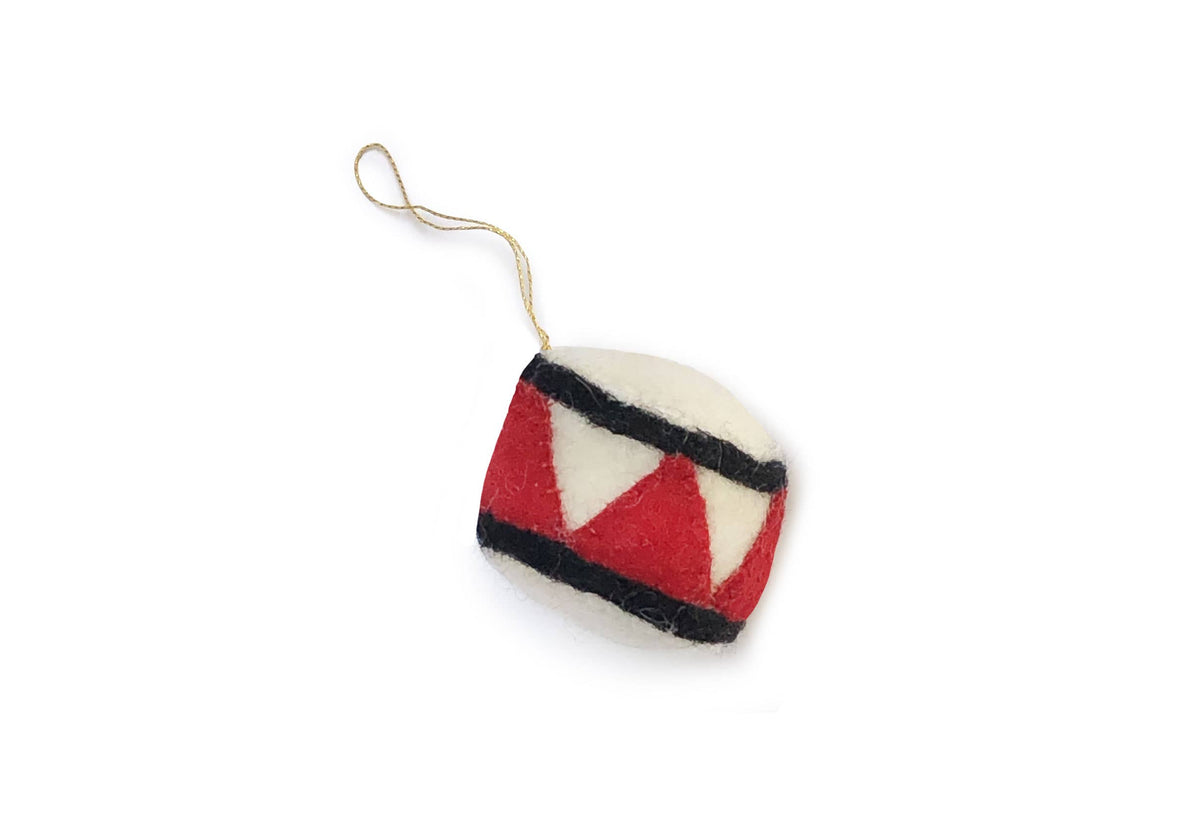 Red and white felt drum ornament with black rims