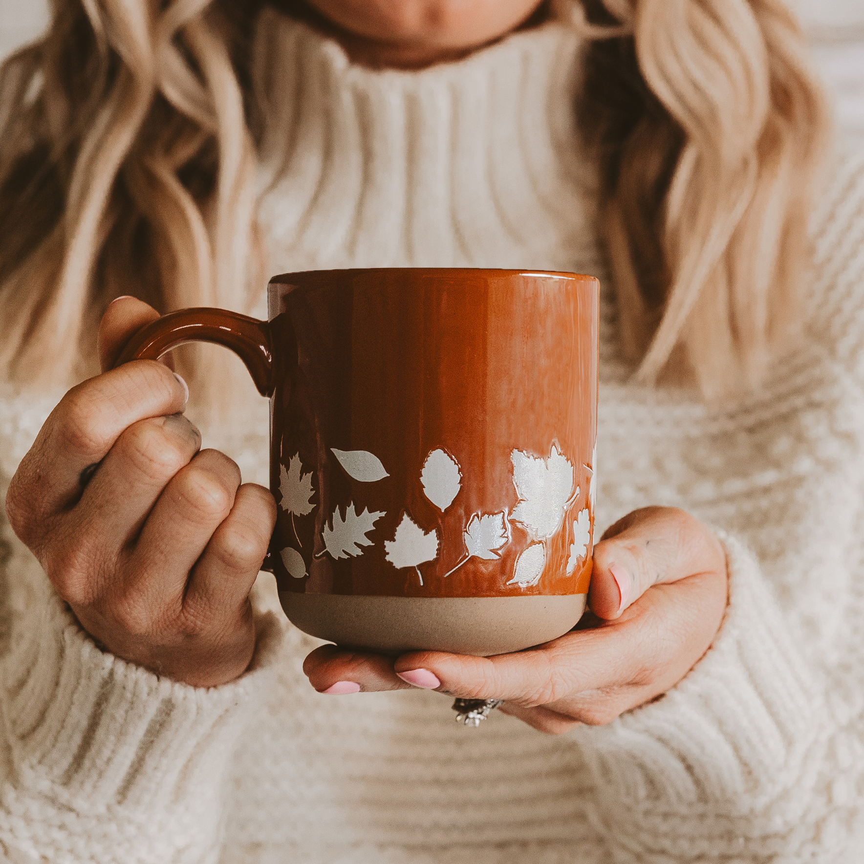 Stoneware Coffee Mug with Orange Autumn Leaves