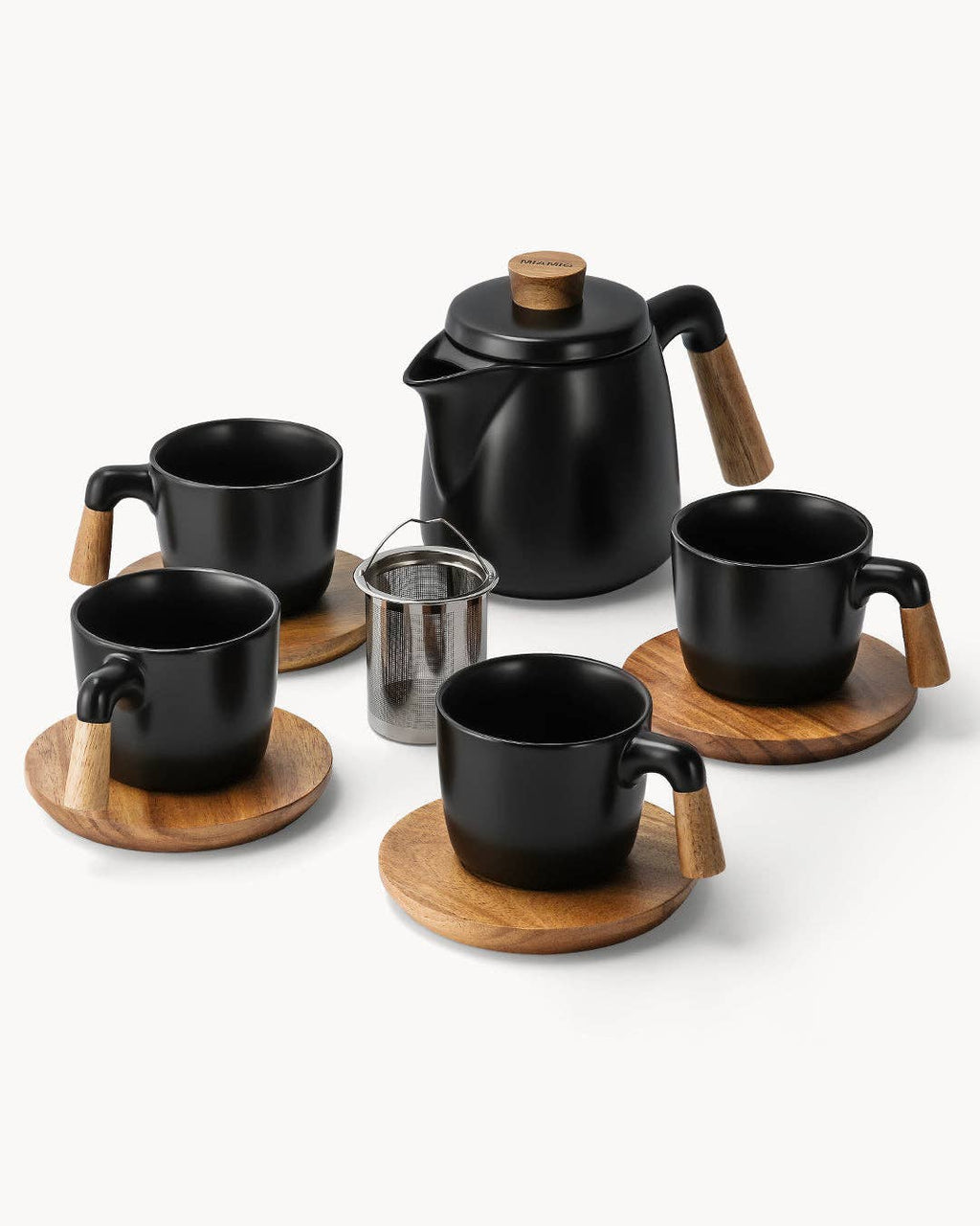 Teekannen-Set mit Gestell und 4 Tassen - Schwarz – 1 L, Keramik & Bambus | MIAMIO
