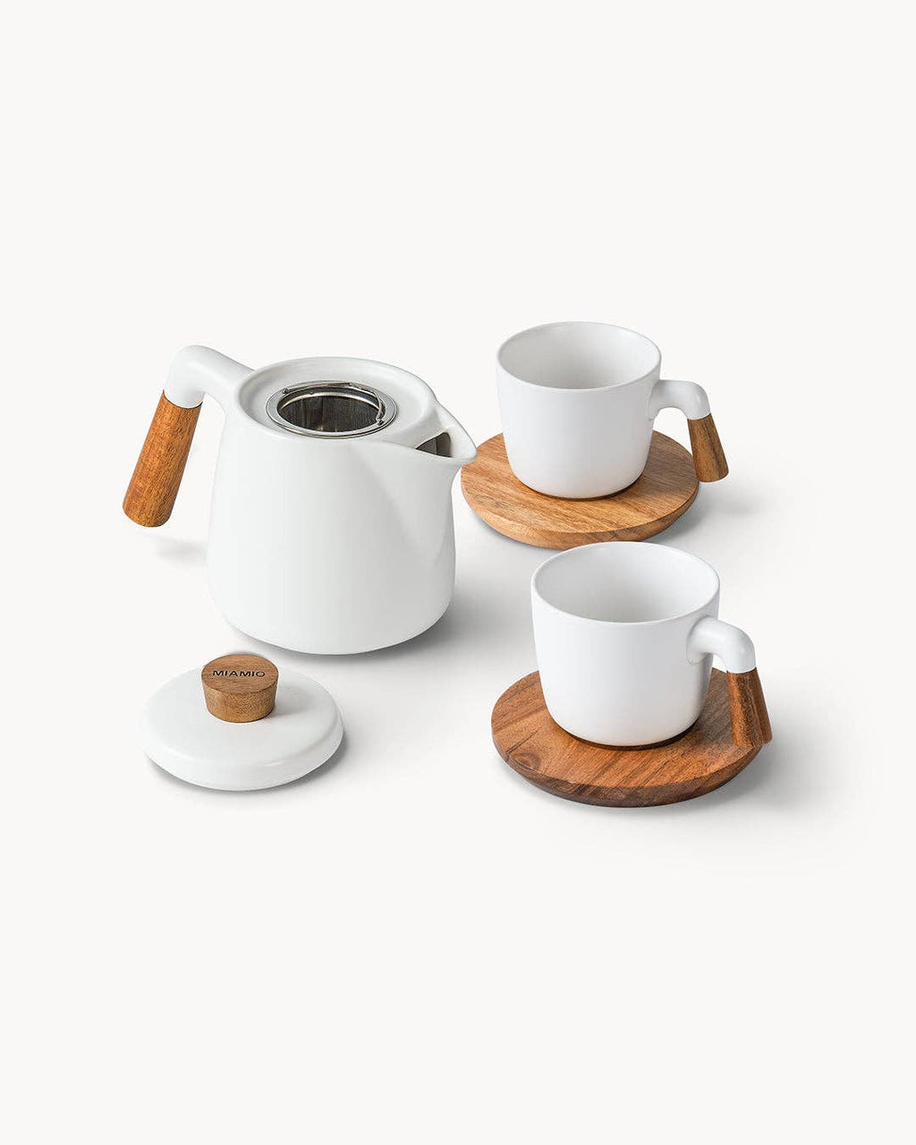 Teekannen-Set mit Gestell und 4 Tassen - Weiss – 1 L, Keramik & Bambus | MIAMIO