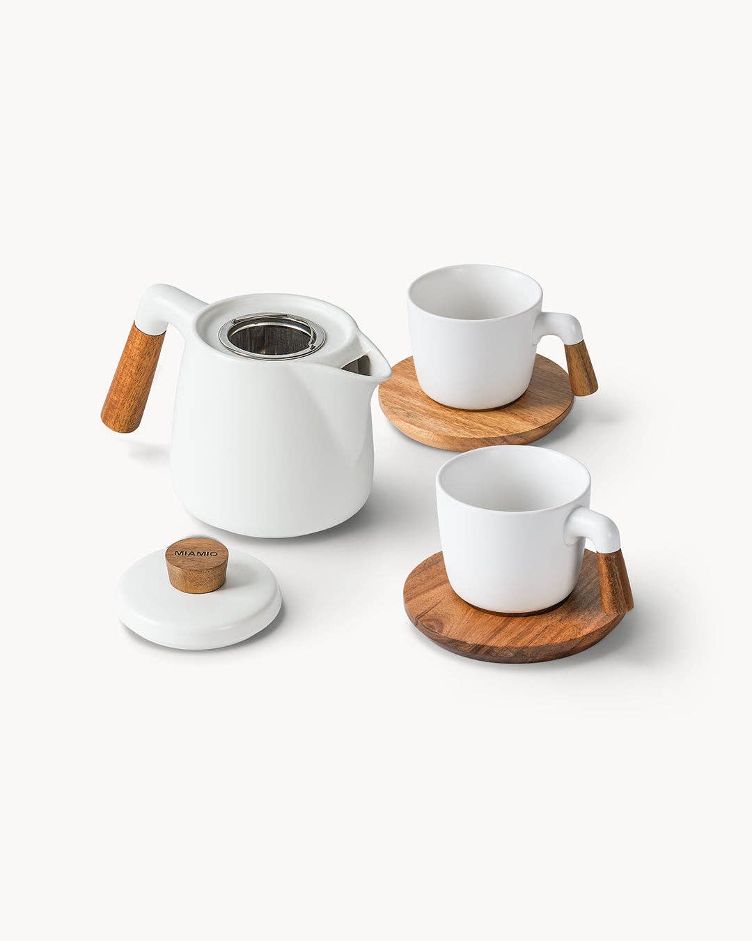 Teekannen-Set mit Gestell und 4 Tassen - Weiss – 1 L, Keramik & Bambus | MIAMIO