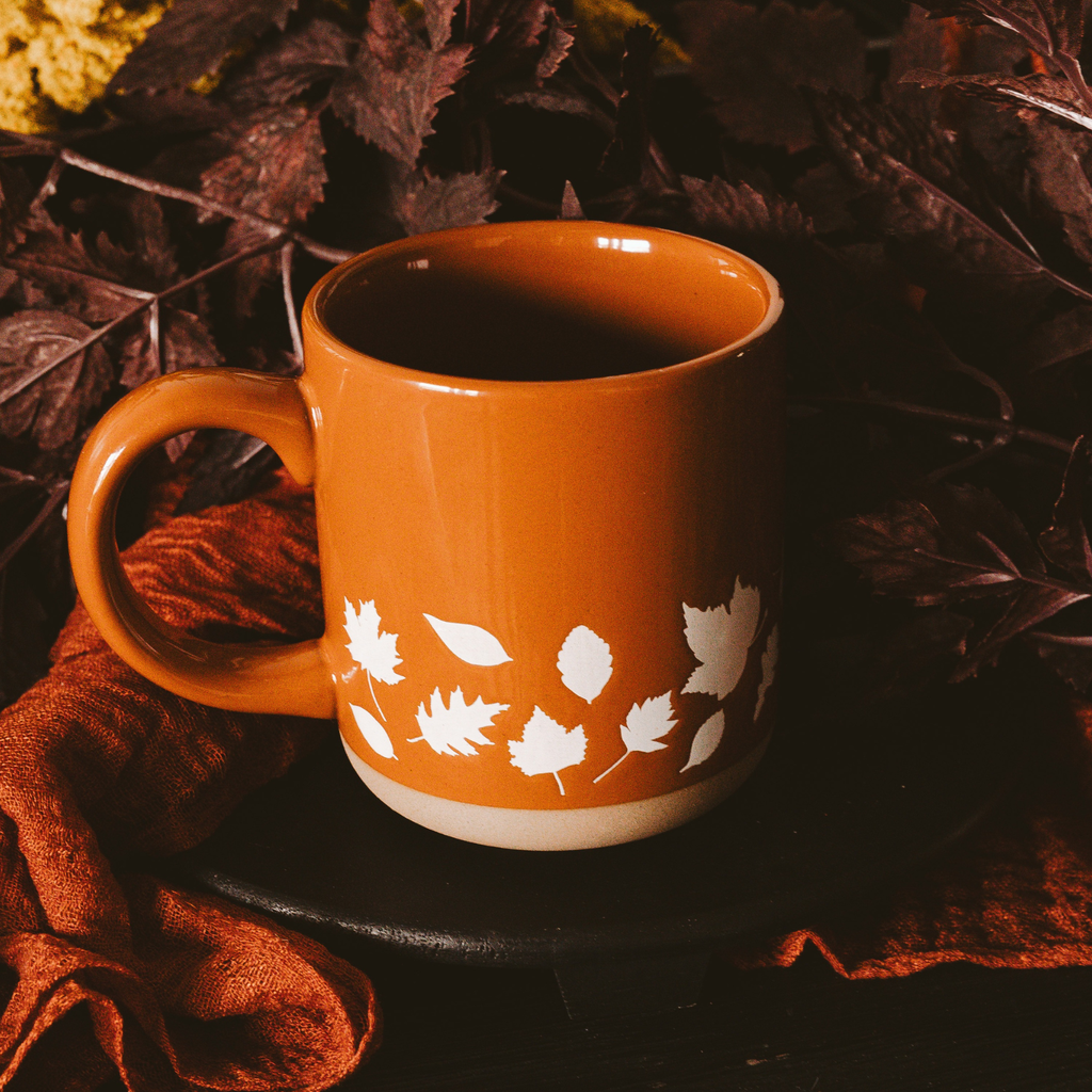 Stoneware Coffee Mug with Orange Autumn Leaves