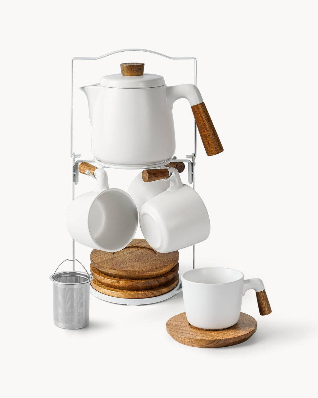 Teekannen-Set mit Gestell und 4 Tassen - Weiss – 1 L, Keramik & Bambus | MIAMIO