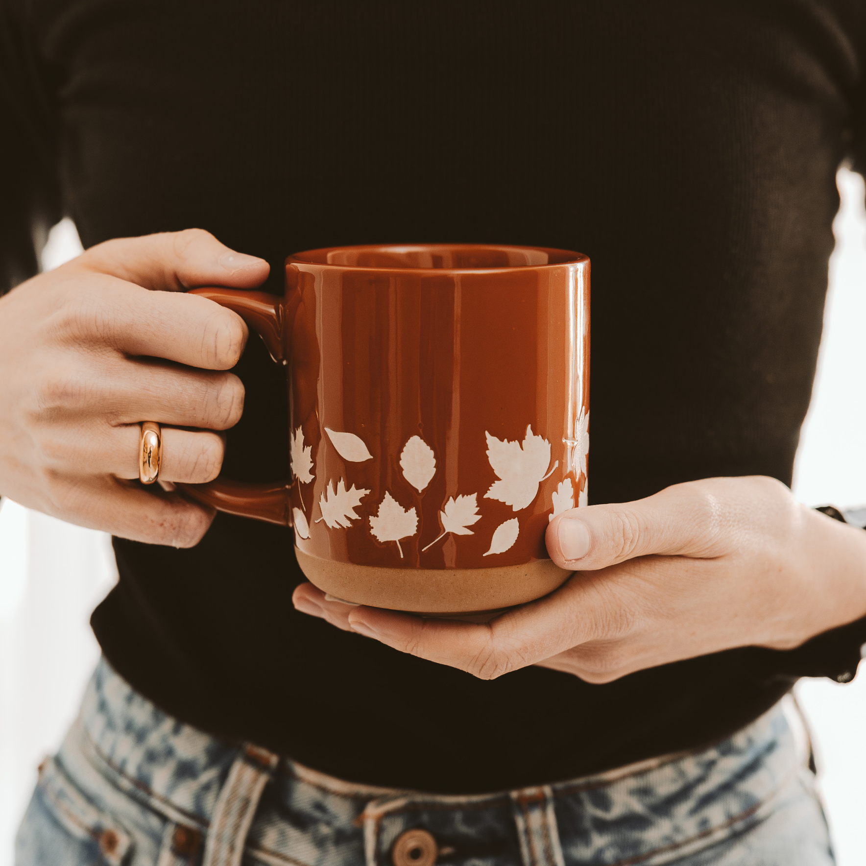 Stoneware Coffee Mug with Orange Autumn Leaves