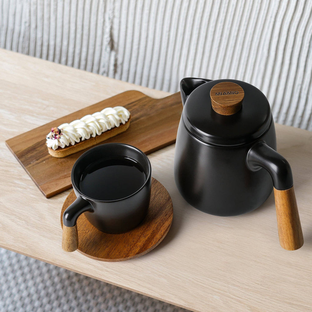 Teekannen-Set mit Gestell und 4 Tassen - Schwarz – 1 L, Keramik & Bambus | MIAMIO