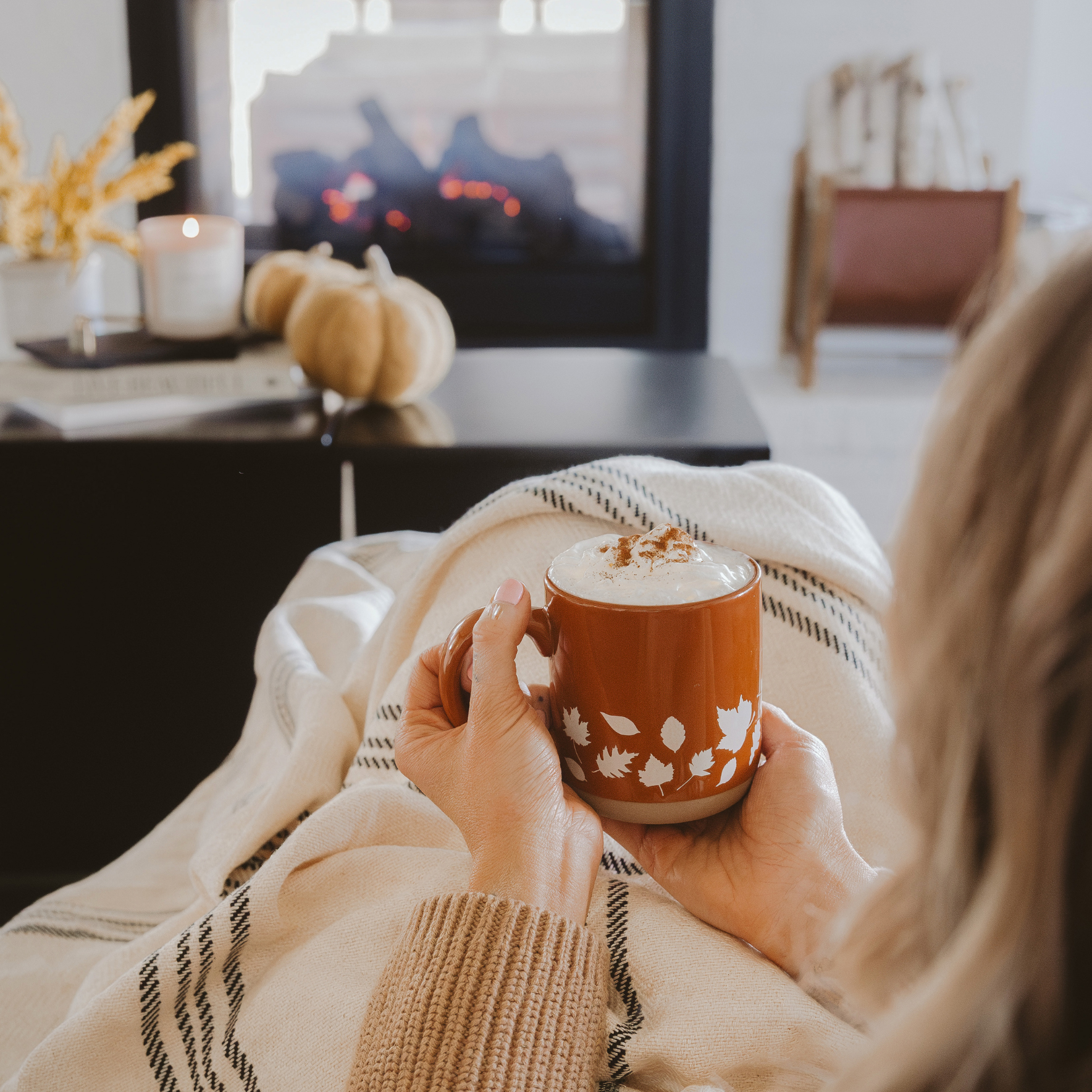 Stoneware Coffee Mug with Orange Autumn Leaves