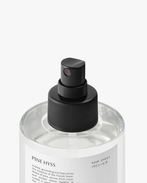 Close-up of the spray head and label on the Pine Hyss room spray