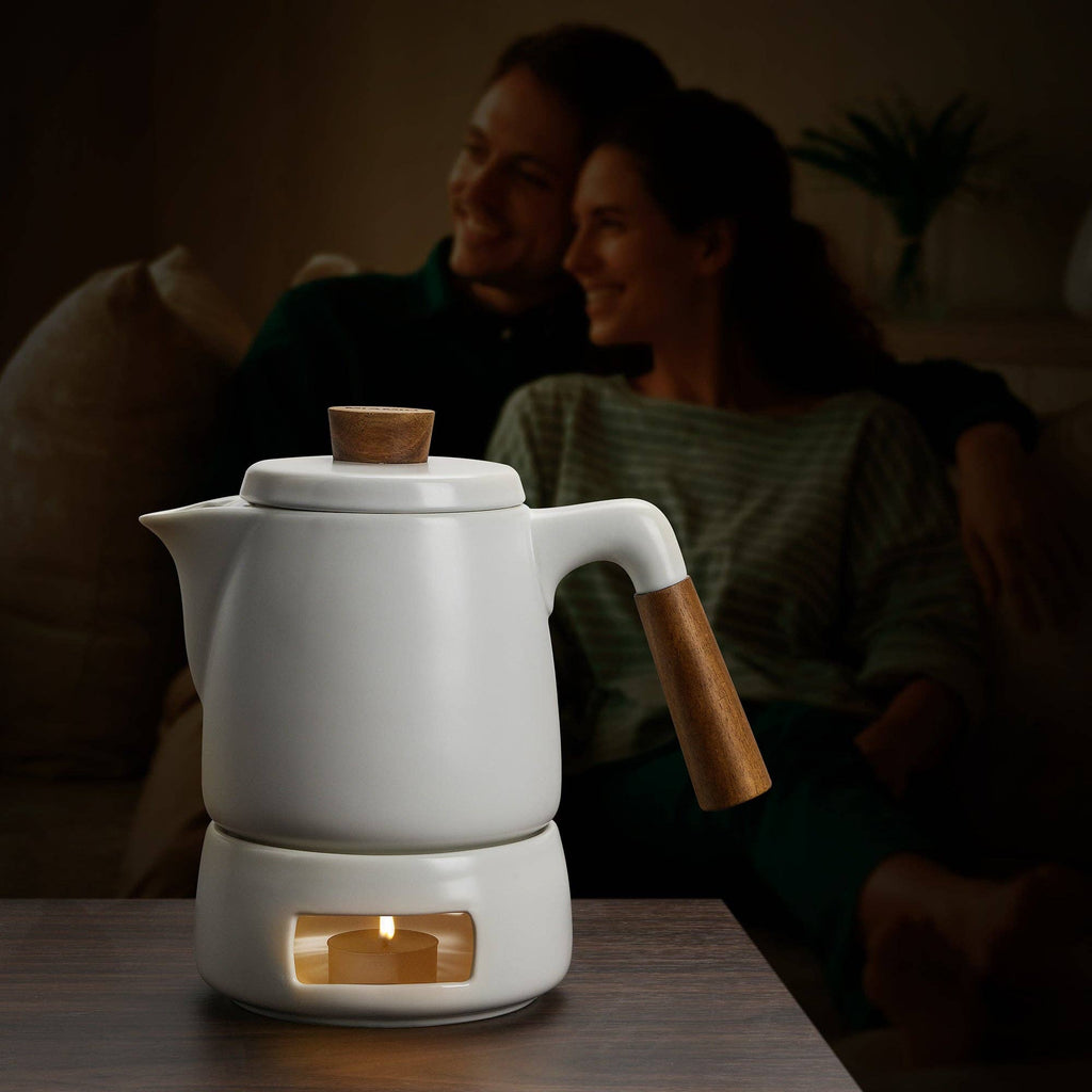 Teekanne mit Stövchen – 1 L aus Keramik und Holz, mit Edelstahlsieb | MIAMIO