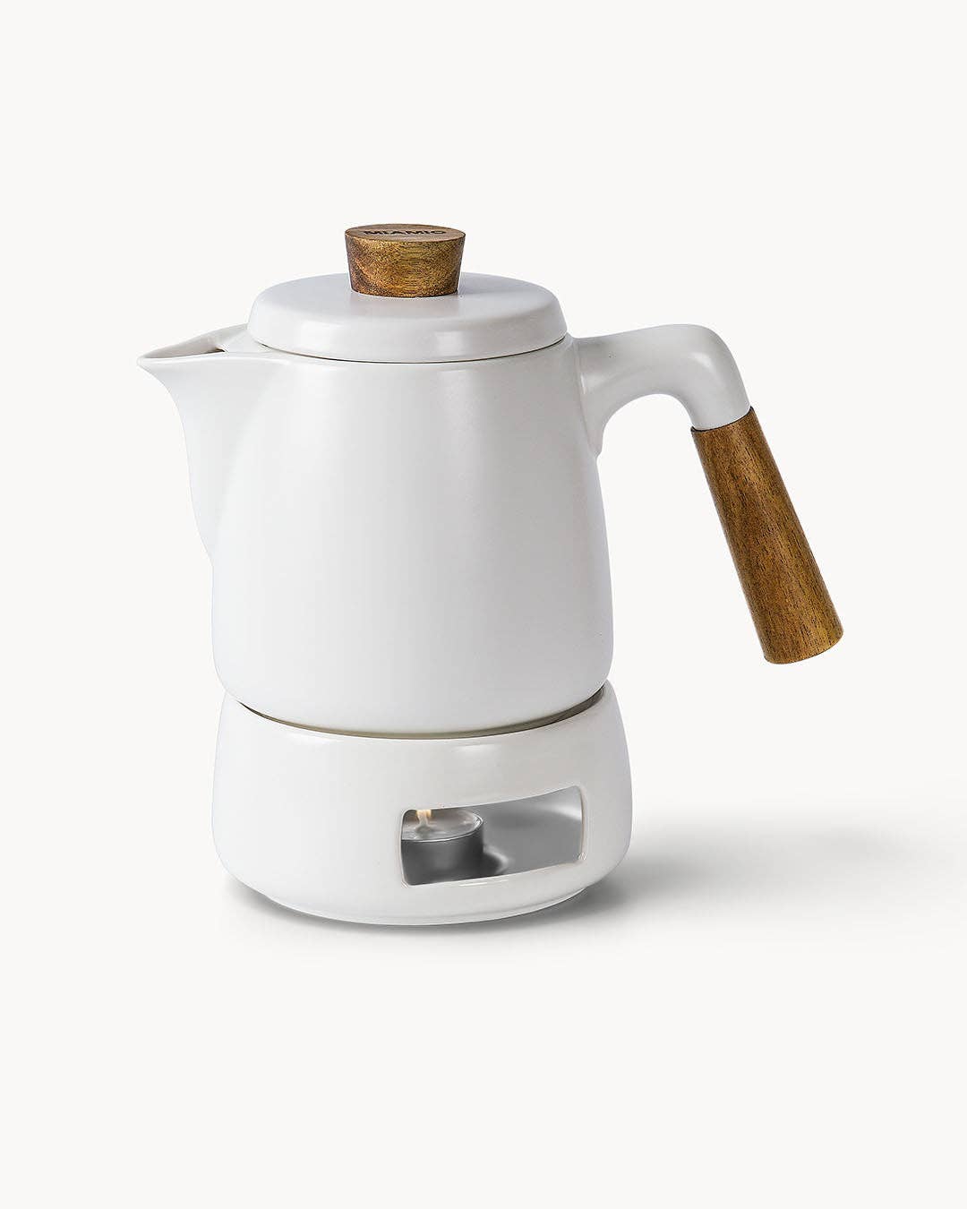 Teekanne mit Stövchen – 1 L aus Keramik und Holz, mit Edelstahlsieb | MIAMIO