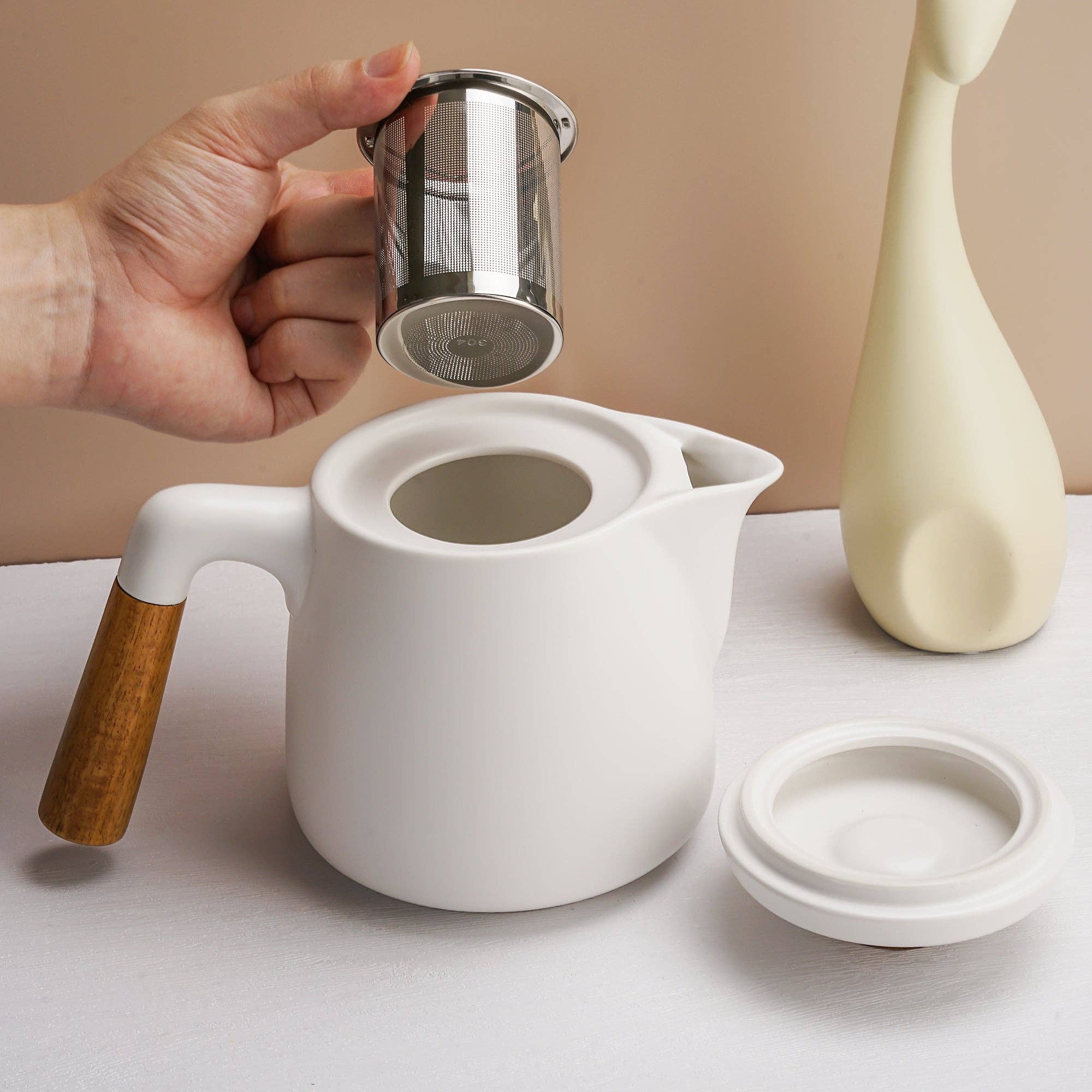 Teekannen-Set mit Gestell und 4 Tassen - Weiss – 1 L, Keramik & Bambus | MIAMIO