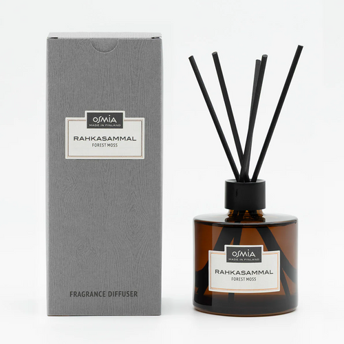 Osmia Forest Moss room fragrance in a brown bottle with black reeds and packaging