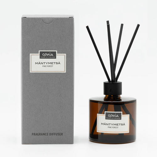Osmia Pine Forest room fragrance in a brown bottle with black reeds and packaging