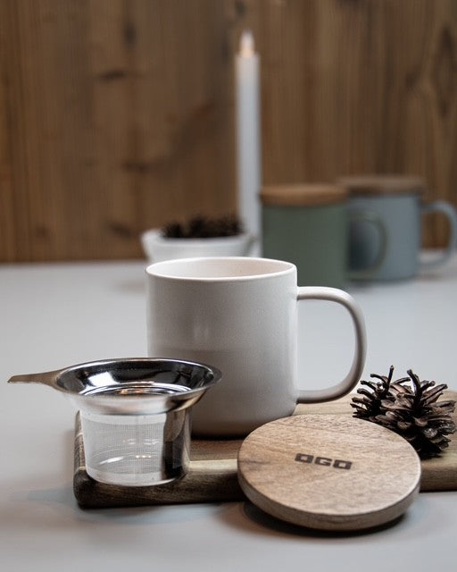 Teetasse JULIET Weiss - aus Steinzeug mit Holzdeckel und Edelstahl-Teesieb 300 ml | Ogo Living