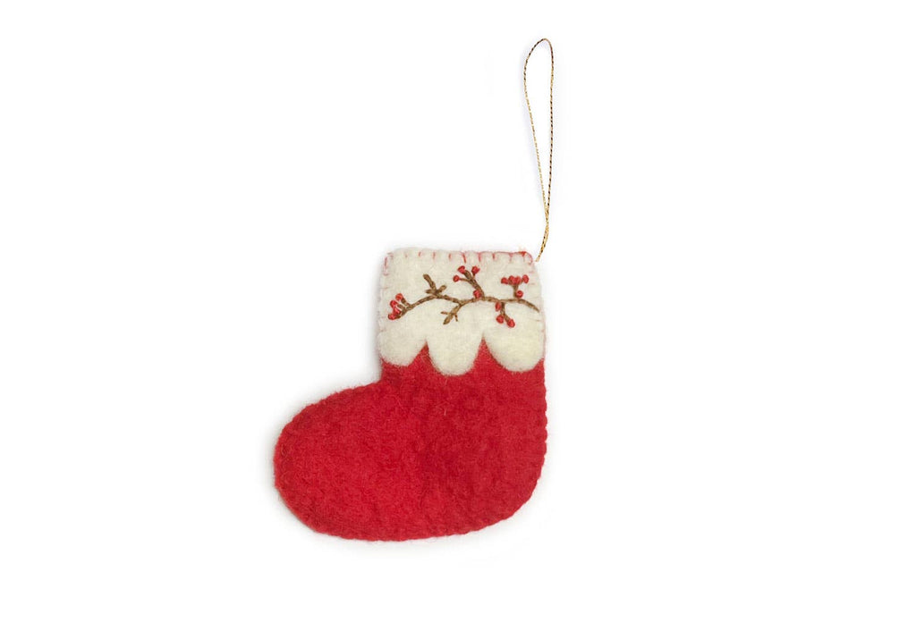 Weihnachtsornament Socke am Zweig handgemacht aus Wolle | Gamcha