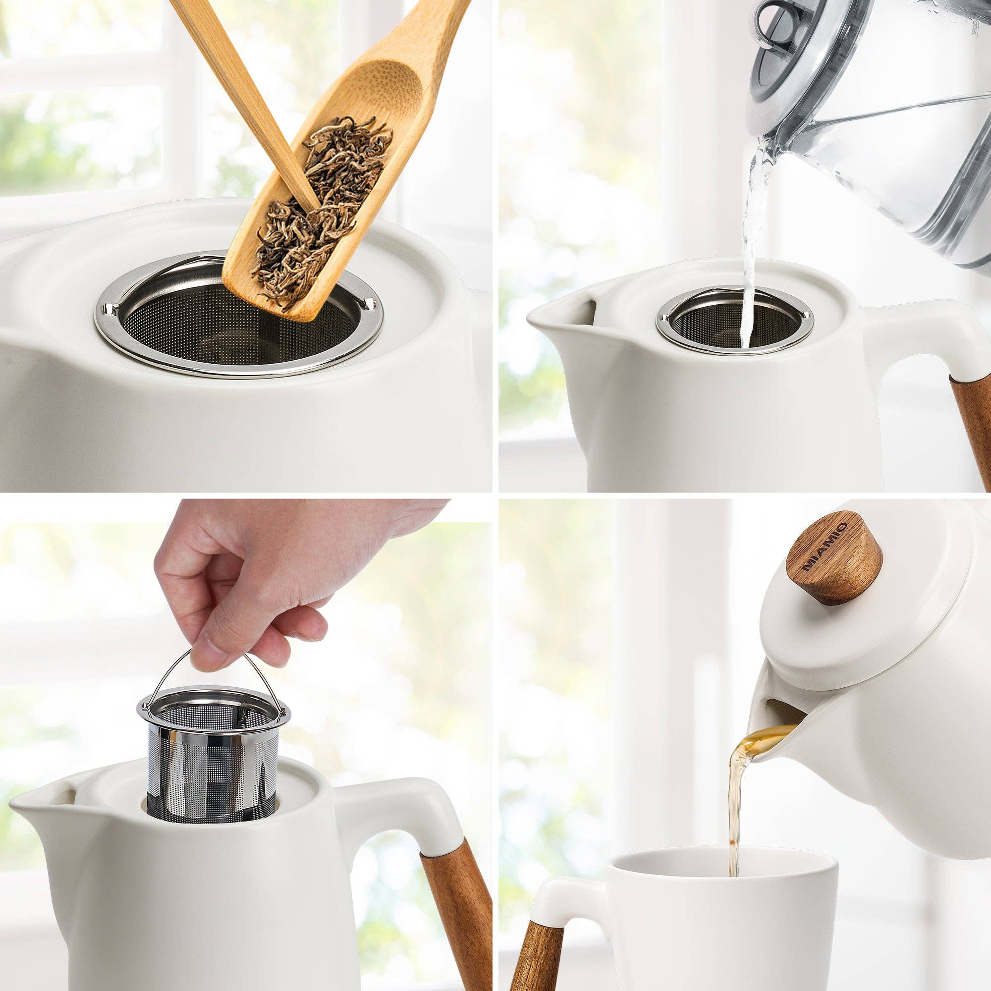 Teekanne mit Stövchen – 1 L aus Keramik und Holz, mit Edelstahlsieb | MIAMIO
