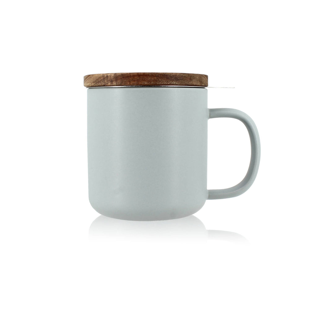 Teetasse JULIET Perlgrau - aus Steinzeug mit Holzdeckel und Edelstahl-Teesieb 300 ml | Ogo Living