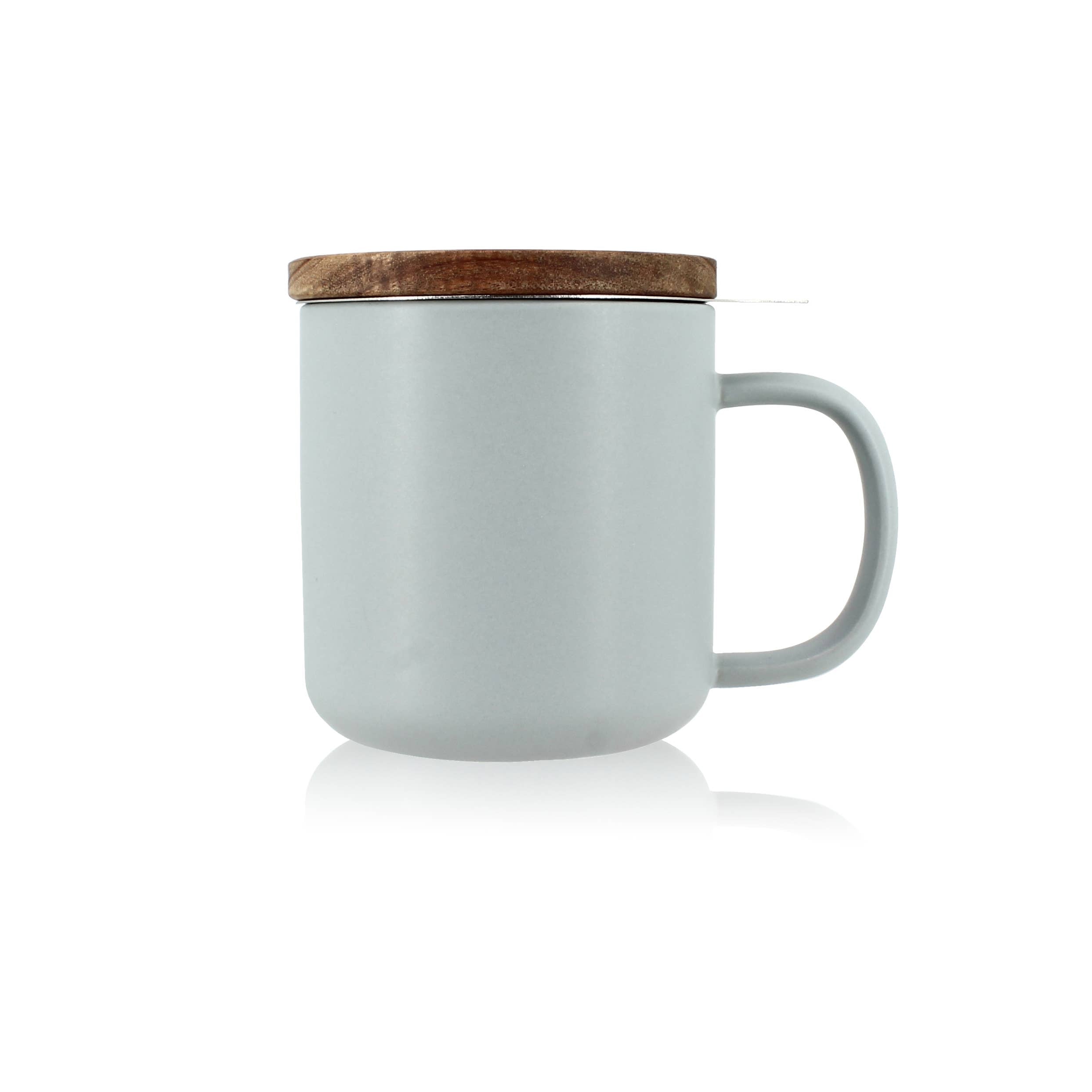 Teetasse JULIET Perlgrau - aus Steinzeug mit Holzdeckel und Edelstahl-Teesieb 300 ml | Ogo Living