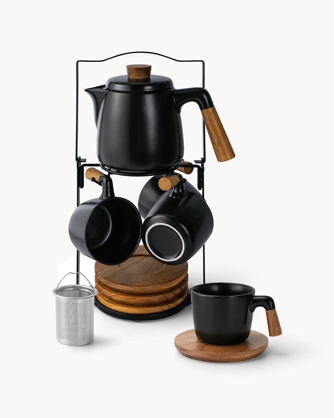 Teekannen-Set mit Gestell und 4 Tassen - Schwarz – 1 L, Keramik & Bambus | MIAMIO