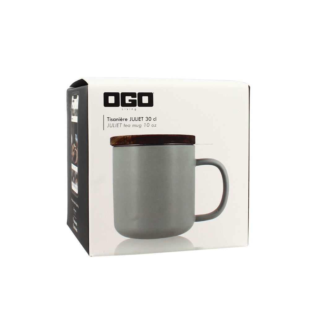 Teetasse JULIET Perlgrau - aus Steinzeug mit Holzdeckel und Edelstahl-Teesieb 300 ml | Ogo Living