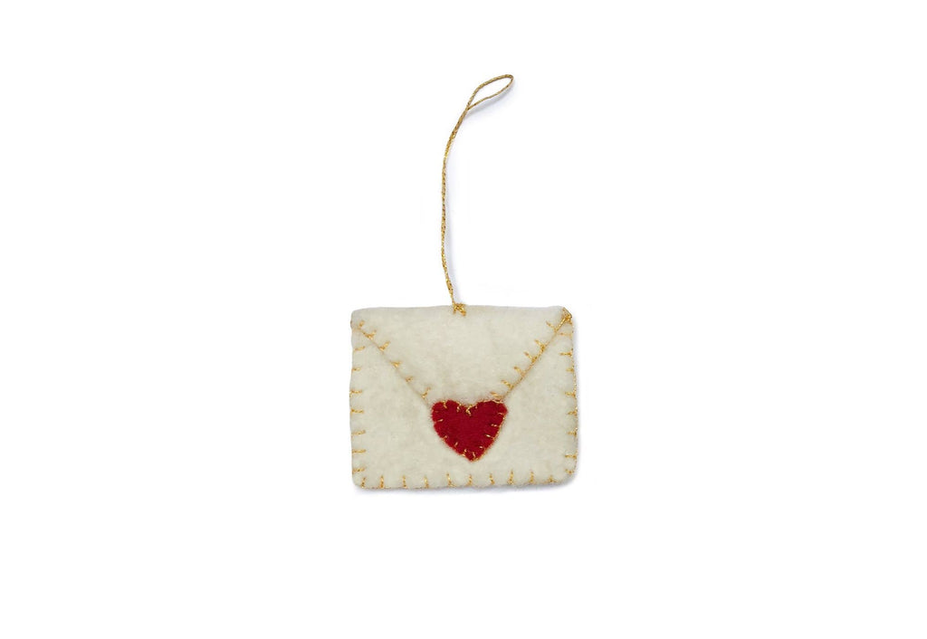Pale felt envelope-shaped ornament with a red heart